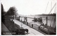 Putney Pier,river view,horse unloading barge